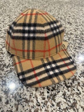 Burberry Tan Plaid Baseball Cap with Red and Black Accents